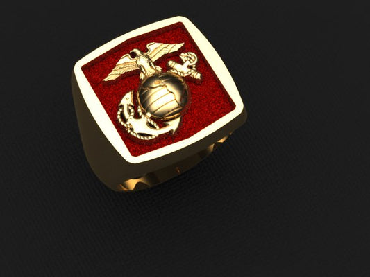 18K Gold Marine Corps Ring with red background