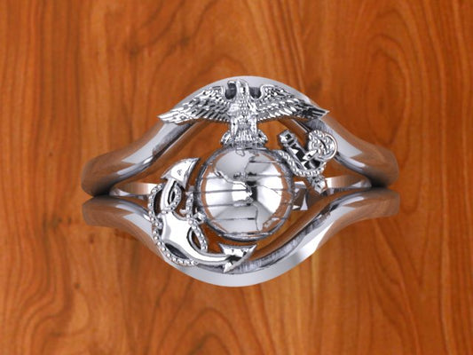 Beautiful 14K White Gold Marine Corps Ring Ladies Design 7