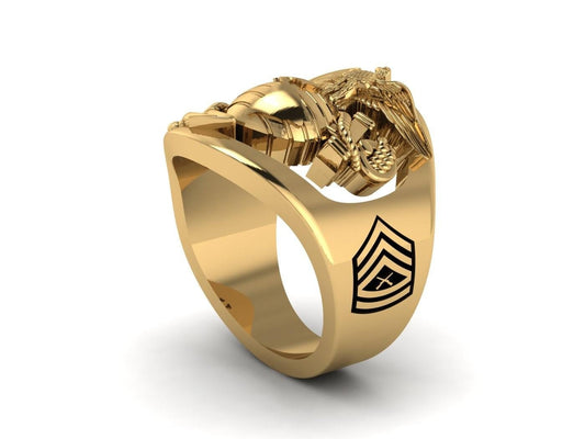 Custom Gold Marine Corps Ring with GySgt Rank and Years of Service - High Definition Solid 14K Gold