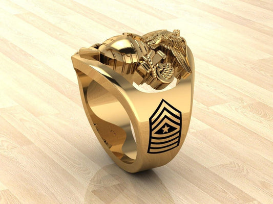 Custom Gold Marine Corps Ring with SgtMaj Rank and Years of Service - MR100 High Definition Solid 14K Gold