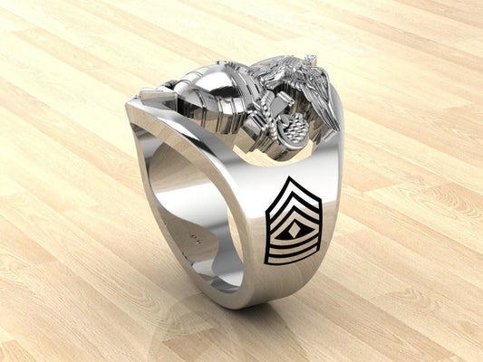 Custom Marine Corps Ring with 1stSgt Rank and Years of Service - MR100 High Definition Sterling Silver