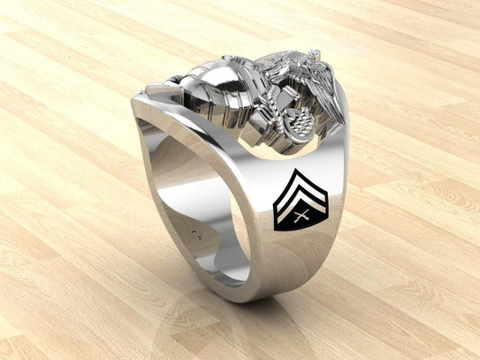 Custom Marine Corps Ring with Cpl Rank and Years of Service or USMC - MR100 High Definition Sterling Silver