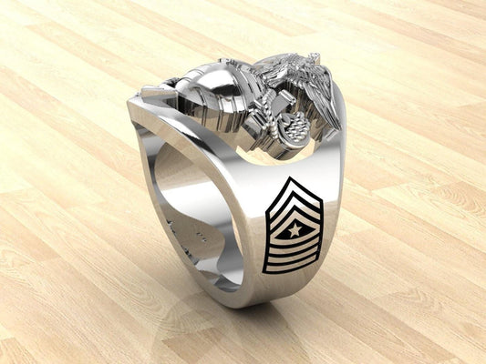 Custom Marine Corps Ring with SgtMaj Rank and Years of Service - MR100 High Definition Sterling Silver