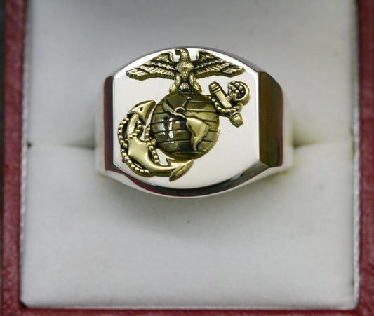 Large Two Tone 14K Gold Marine Corps Signet Ring