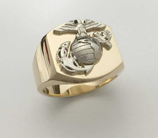 Large Two Tone 14K Yellow Gold Marine Corps Signet Ring with White Gold Eagle Globe and Anchor