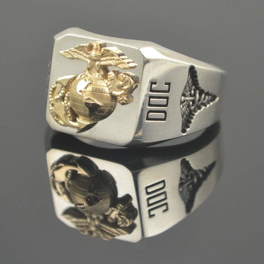 Two Tone Corpsman Ring "DOC" with Eagle Globe and Anchor
