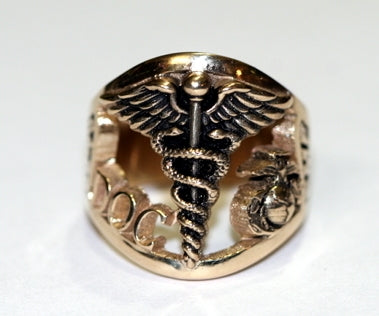Yellow Gold Corpsman Ring FMF "DOC" with Eagle Globe and Anchor