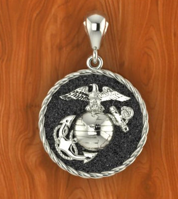 1" Tall Solid Sterling USMC Eagle Globe and Anchor Necklace - round with rope edge
