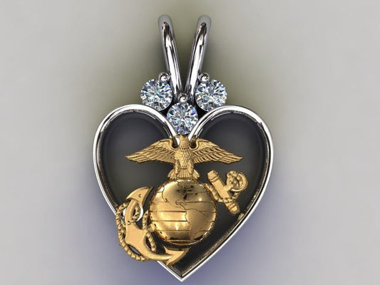 14K Gold Marine Corps Heart Pendant with 3 beautiful Diamonds