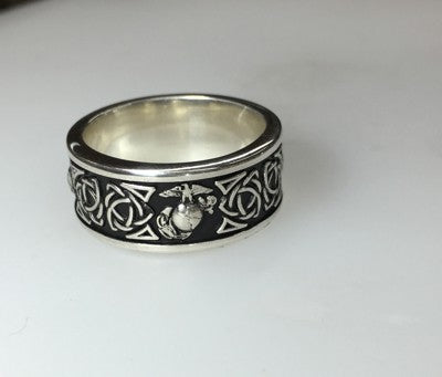 14K White Gold MARINE CORPS Wedding Band with Triquetra Knot Model 2