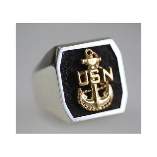 14K White Gold Navy Ring With 14K Yellow Gold anchor Marine Corps Rings