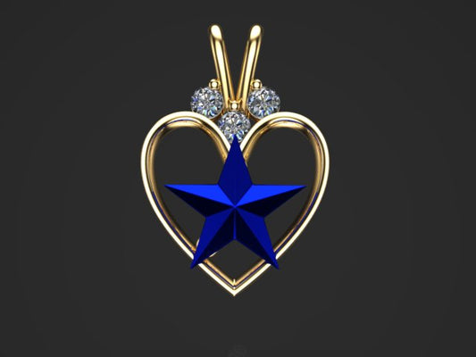 3/4" Tall Yellow Gold Heart with Blue Star with 3 Diamonds