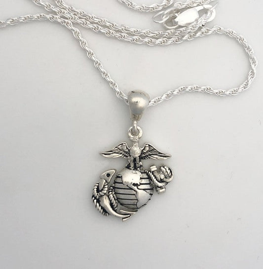 Beautiful High Definition 3-4 Eagle Globe and Anchor Necklace in Sterling Silver