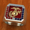 Beautiful solid 18K White Gold Marine Corps Ring with Chatham Red, White and Blue Sapphires