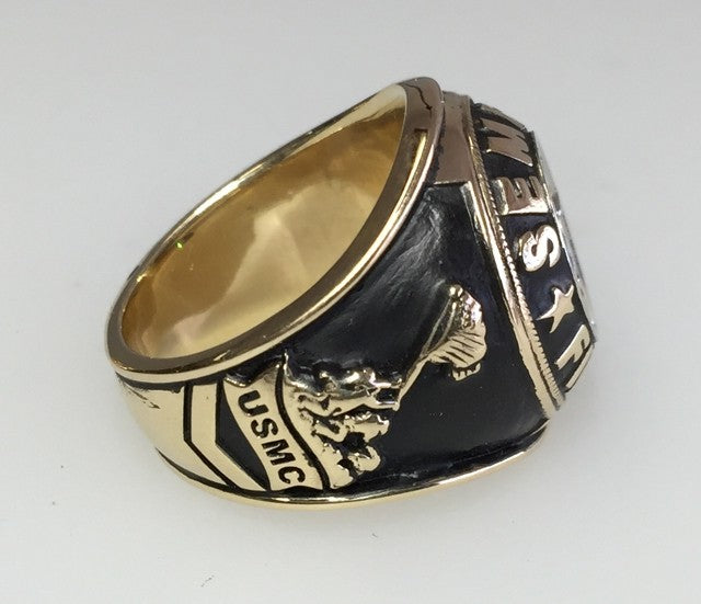 Custom 14K Gold Marine Corps Ring with Center Diamond