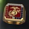 Custom 18K Yellow Gold Marine Corps Ring w Red White and Blue