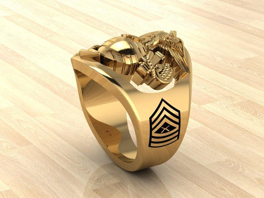 Custom Gold Marine Corps Ring with MSgt Rank and Years of Service - MR100 High Definition Solid 14K Gold
