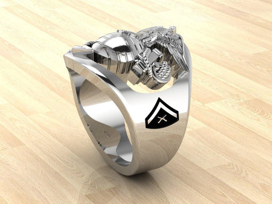 Custom Marine Corps Ring with LCpl Rank and USMC or Years of Service - MR100 High Definition Sterling Silver