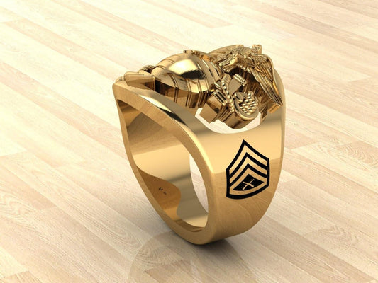 Custom Marine Corps Ring with SSgt Rank and Years of Service - MR100 High Definition Solid 14K Gold