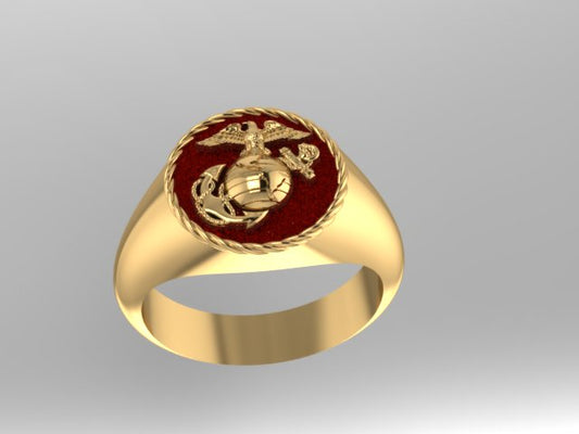 Gold 1/2 inch wide Marine Corps Ring with red background