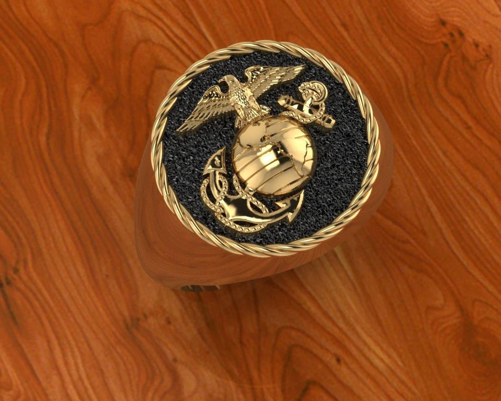 gold marine corps ring with rope along the edge, black background and gold ega - Marine Corps Rings gold marine corps ring with rope along the edge, black background and gold ega - Marine Corps Rings