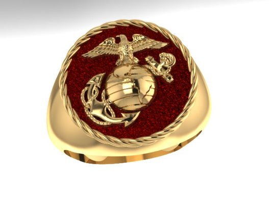Gold 3/4 inch wide Marine Corps Ring with red background