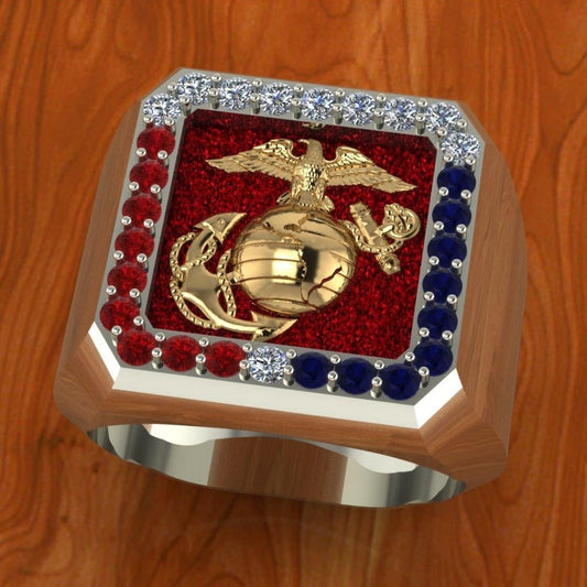 Marine Corps Ring 10K White Gold w Red White and Blue