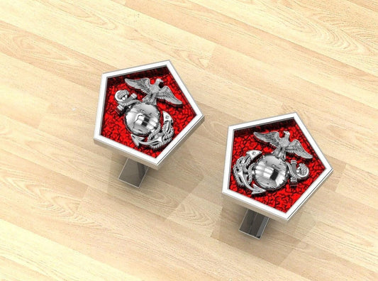 Pentagon Shaped Sterling Silver Marine Corps Cufflinks with red background