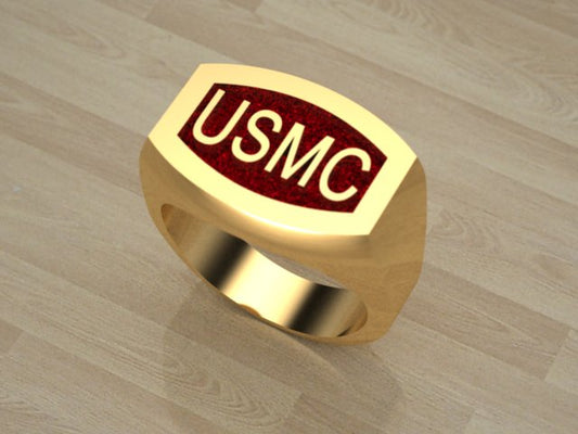 Solid Gold USMC Ring with Red Background