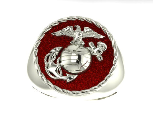 Sterling Silver 3/4 inch wide Marine Corps Ring with red background
